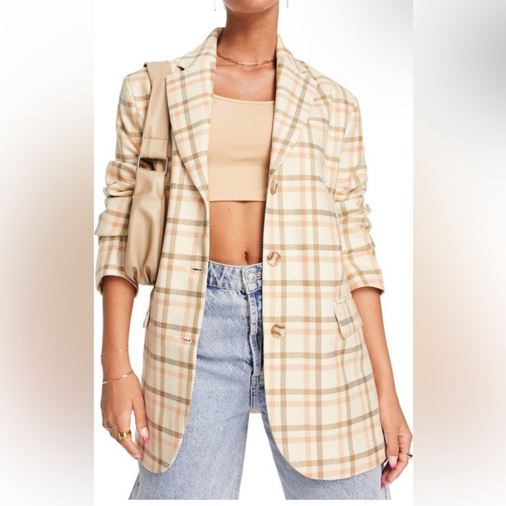 NWT Asos design high break point plaid cream tan botton front oversized blazer